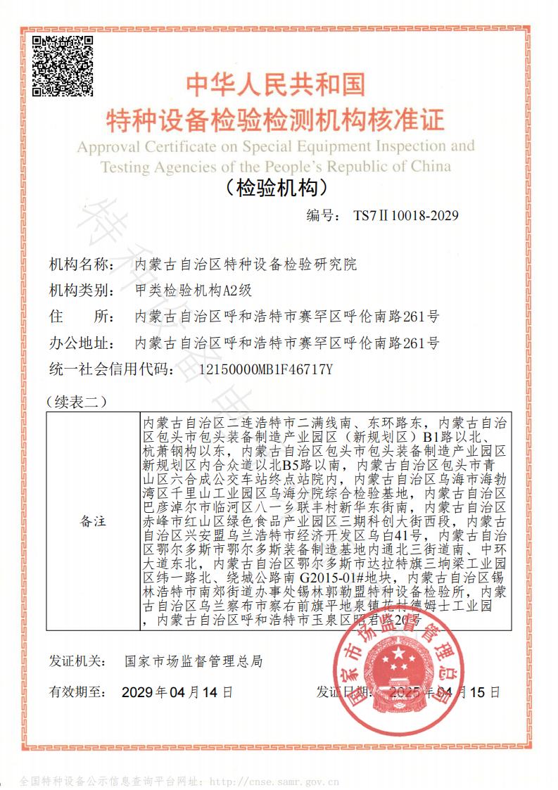 特种设备检验检测机构核准证-续表二